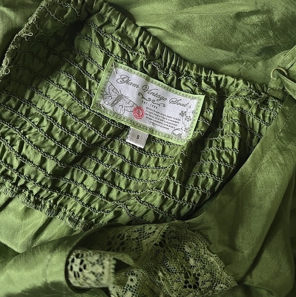 Glam Vintage Soul Silk Slip Dress Lace Trim & Rouching Avacado Green Sz SMALL - Picture 4 of 4